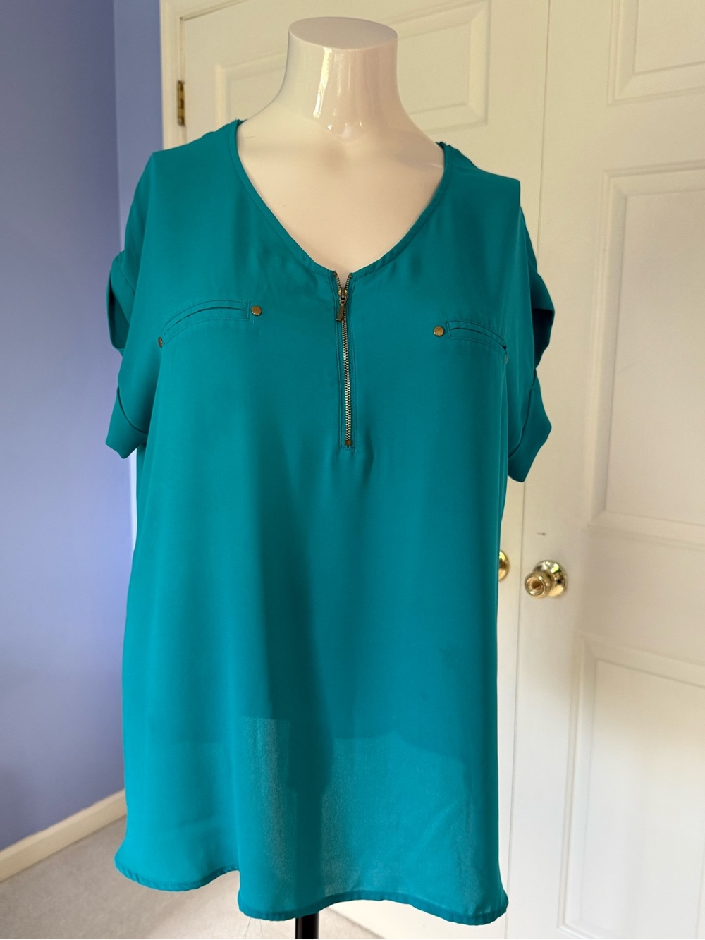 Apt. 9 Teal Zip-Front Short Sleeve Blouse 1X